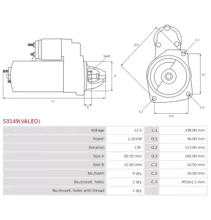 Démarreur 12V 2.20kW 9 dents AS-PL UD12711S, CARGO 115571, CHEVROLET 25183761, 95520319, DELCO DRS0827N