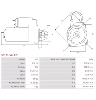 Démarreur 12V 1.70kW 11 dents AS-PL UD15065SR, UD809045(VALEO)S, BOSCH 0001110003, 0001110026, 0001110089