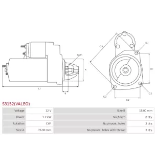 Démarreur 12V 1.2kW 8 dents BOSCH 0986022780, CARGO 111307, HYUNDAI / KIA 36100-23100, 36100-23120, 36100-23150