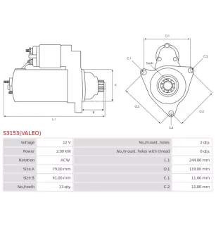 Démarreur 12V 2.00kW 13 dents AS-PL UD800062(VALEO)S, BOSCH 0001153005, 0001153006, 0001179526, CARGO 115539