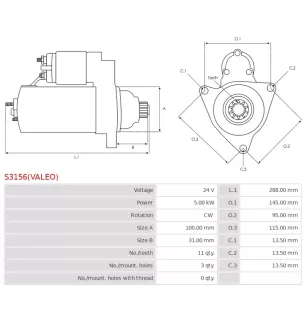 Démarreur 24V 5.00kW 11 dents AS-PL UD90321S, DELCO DRS1264, DOOSAN A433767, HYUNDAI / KIA 36100-45C00, MANDO 1198169