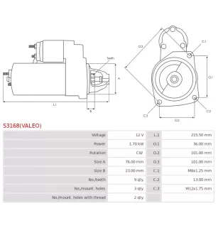 Démarreur 12V 1.70kW 9 dents AS-PL UD800048(VALEO)S, DELCO DRS0398, VALEO 438161, 458181, D7G6