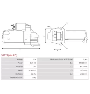 Démarreur 12V 2.20kW 12 dents AS-PL UD816485(VALEO)S, BOSCH F032116247, CARGO 116247, DELCO DRS1142, DS2252