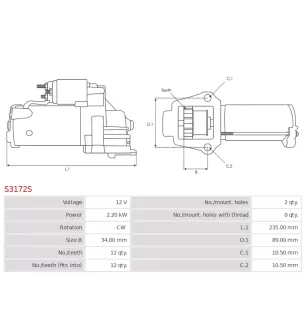 Démarreur 12V 2.20kW 12 dents AS-PL S3172S, UD14946S, BOSCH F032116247, CARGO 116247, DELCO DRS1142
