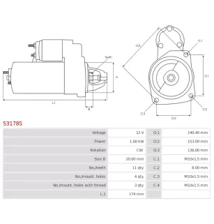 Démarreur 12V 1.00kW 11 dents AS-PL S3178S, UD14914S, CARGO 115629, DELCO DRS0885, DS1995