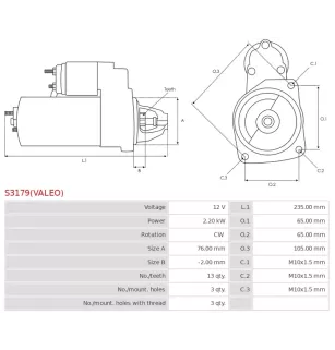 Démarreur 12V 2.20kW 13 dents AS-PL UD809089(VALEO)S, CARGO 116265, F032116265, HELLA 8EA011611-851, VALEO 201231