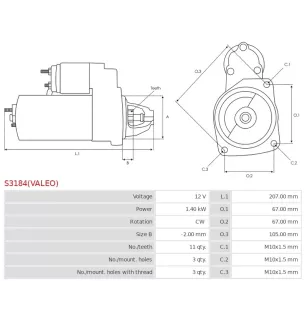 Démarreur 12V 1.40kW 11 dents AS-PL UD809211(VALEO)S, CARGO 116682, DELCO DRS1036, DS2146, VALEO 209378