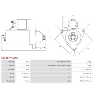 Démarreur 12V 1.70kW 9 dents AS-PL UD800050(VALEO)S, BOSCH 0986024250, CARGO 114171, 116338, DELCO DRS0053