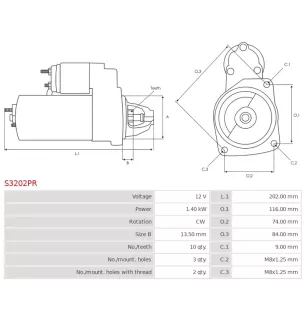 Démarreur 12V 1.40kW 10 dents DELCO DRS0382, DS1492, FORD 1502880, 1670812, 1734633