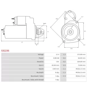 Démarreur 12V 0.80kW 8 dents AS-PL UD20497S, VALEO 438128, D7E11