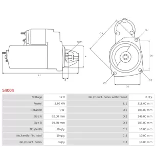 Démarreur 12V 2.80Kw 10 dents LUCAS 26211H, 26211L, 26211N, 26211Q, 26211T, 26211U