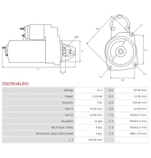 Démarreur 12V 2.20kW 12 dents AS-PL UD809096(VALEO)S, UD810238(VALEO)S, BOSCH F032116287, NISSAN 23300-00Q3F, 23300-00Q4H