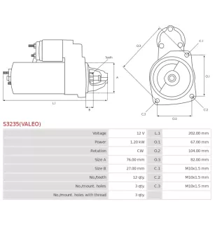 Démarreur 12V 1.20kW 12 dents AS-PL UD809348(VALEO)S, BOSCH 0986029180, DELCO DRS0665, DS1775, FORD 1685833