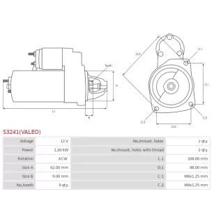 Démarreur 12V 1.20kW 9 dents AS-PL UD809004(VALEO)S, CARGO 113974, DELCO RS41339, VALEO 190237, 432599