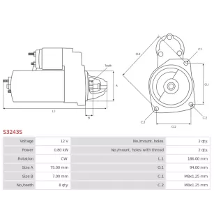 Démarreur 12V 0.80kW 8 dents AS-PL S3243S, UD100752S, BOSCH 0986022101, 1986S00068, CARGO 111849