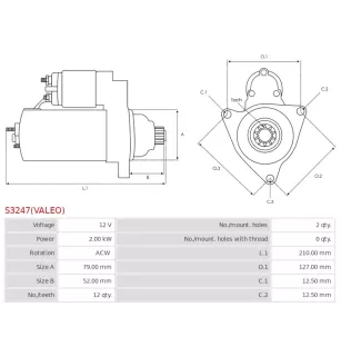 Démarreur 12V 2.00kW 12 dents AS-PL UD809357(VALEO)S, BOSCH 0001177025, DELCO DRS0971, HELLA 8EA011611-751, VALEO 200827