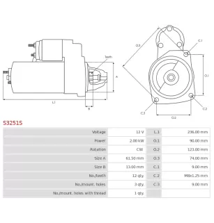 Démarreur 12V 2.00kW 12 dents AS-PL UD91068S, DELCO DRS1287, OPEL 1627658880, 3649185, 95526661