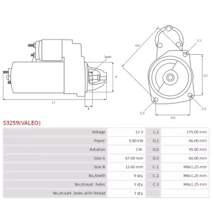 Démarreur 12V 0.80kW 9 dents AS-PL UD800043(VALEO)S, BOSCH 0986011870, 0986011871, 9000330922, CARGO 110338