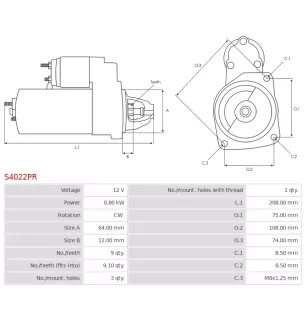Démarreur 12V 0.80kW 9 dents BOSCH 0001113006, 0986017031, F000AL0319