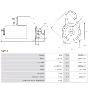 Démarreur 12V 3.00kW 9 dents AS-PL S4026, BOSCH 0001359021, 0001359091, 0001359102, 0001367014