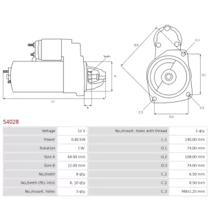 Démarreur 12V 0.80kW 8 dents AS-PL S4028, BOSCH 0986024210, CARGO 112382, DELCO DRS3816X, DS4926N
