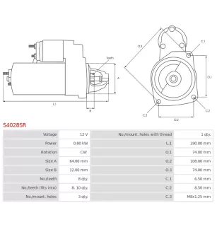 Démarreur 12V 0.80kW 8 dents BOSCH 0986024210, CARGO 112382