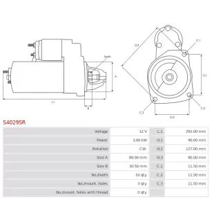 Démarreur 12V 3.00kW 10 dents BOBCAT 6911913, 7020620, CARGO 113654