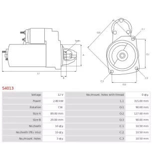Démarreur 12V   2.80Kw 10 dents PERKINS 2873A001, 2873A028, 2873A030, 2873B056, 2873B071, 54244390