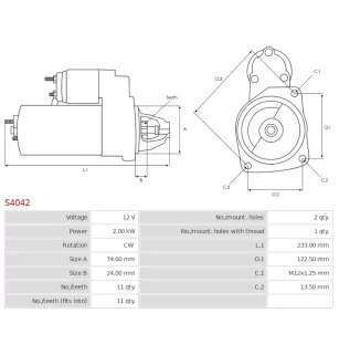 Démarreur 12V 2.00kW 11 dents AS-PL S4042, BOSCH 0986023240, CARGO 114216, DENSO 428000-3180, 428000-4920