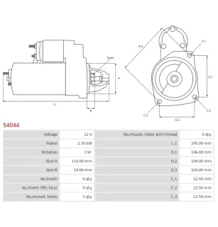 Démarreur 12V 2.70kW 9 dents AS-PL S4044, BOSCH 0001362032, 0001362039, 0001362105, 0986012670