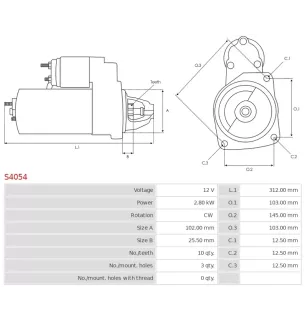 Démarreur 12V 2.80kW 10 dents AS-PL S4054 UD12401S, BOSCH 0001359116