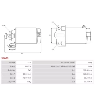 Démarreur 12V 0.80kW 9 dents AS-PL S4060, UD12400S, CARGO 111103