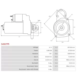 Démarreur 12V 0.80kW 9 dents BOSCH 0986019301, 0986B05008, 0986B05009, F000CD0001, F000CD0900