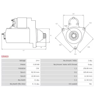 Démarreur 24V 3.20kW 11 dents AS-PL S5003, CARGO 111913, DELCO DRS3284, HELLA 8EA732662-001, HYUNDAI / KIA 34466-15102