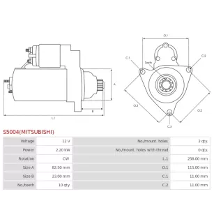 Démarreur 12V 2.20kW 10 dents AS-PL UD14594(MITSUBISHI)S, BOSCH 0986024300, CARGO 111272, F032111272, CATERPILLAR 1039827