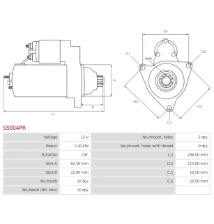 Démarreur 12V 2.20kW 10 dents BOSCH 0986024300, CARGO 111272, F032111272, CATERPILLAR 1039827, 2803784