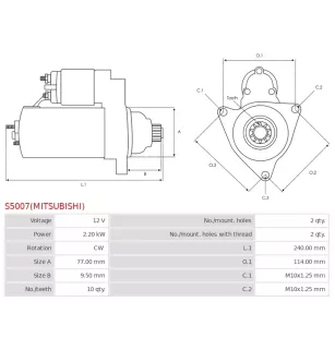 Démarreur 12V 2.20kW Mitsubishi UD14593 0986020421