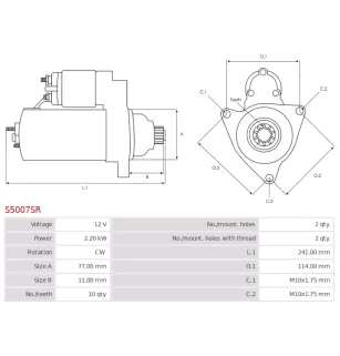 Démarreur 12V 2.20kW 10 dents BOSCH 0986020421, 0986022700