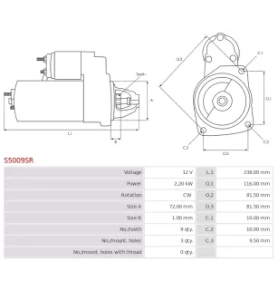 Démarreur 12V 2.20kW 9 dents BOSCH 0986020091, 986020093, CARGO 112103, DELCO DRS3735, FORD 1C2411000AA