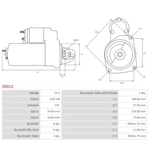 Démarreur 12V 0.85kW 8 dents AS-PL S5012, BOSCH 0986014991, CARGO 110808, DELCO 111089, 112816