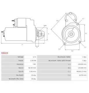 Démarreur 12V 1.20kW 10 dents AS-PL S5015, BOSCH 0986022970