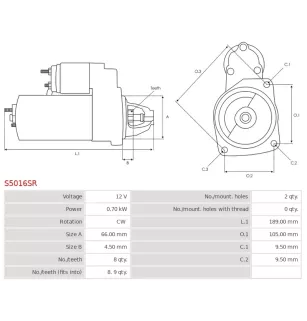 Démarreur 12V 0.70kW 8 dents BOSCH 0001112032, 0986014350, 0986014351, CARGO 110394, HELLA 8EA011611-141