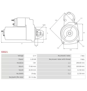 Démarreur 12V 1.20kW 10 dents AS-PL S5021, CARGO 110572, 113668, CATERPILLAR 1041468, DELCO DRS3235