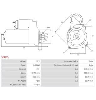 Démarreur 12V 0.80kW 8 dents AS-PL S5025, BOSCH 0986012930, 0986012931