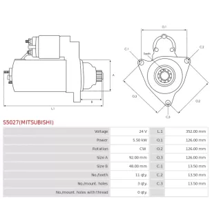 Démarreur 24V 5.50kW 11 dents AS-PL UD14604(MITSUBISHI)S, BOSCH 0986023590, CARGO 113672, HELLA 8EA738258-291