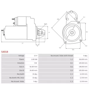 Démarreur 12V   2.00Kw 10 dents   LUCAS 26145, 26154, 26167, 26186, 26200, 26220