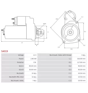 Démarreur 12V 2.80Kw 10 dents LUCAS 27541, 27565, 27568, 27590, 27598, 27599