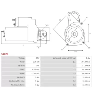 Démarreur 24V   3.20Kw 9 dents    FIAT 42498142, 42498230, 4691200, 4706931, 4744841, 4752403