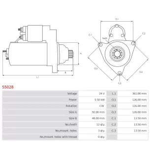 Démarreur 24V 5.50kW 12 dents AS-PL S5028, BOSCH 0001261049, 0986025450, F042001199, F042001203