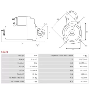 Démarreur 12V 2.20kW 10 dents AS-PL S5031, CARGO 114279, CHRYSLER 056041579AB, 56041579AA, 56041579AB